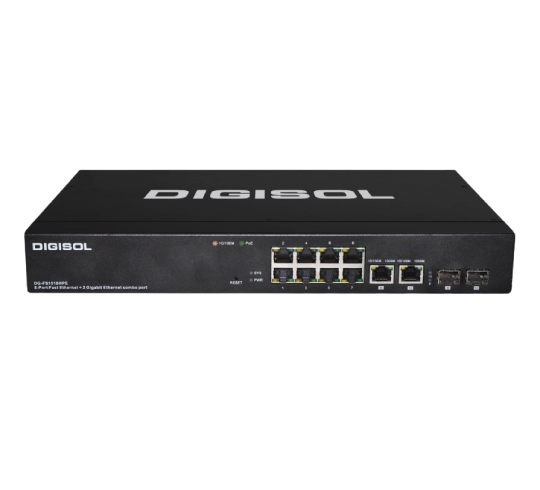 DG-FS1510HPE - Digisol 8 Port Fast Ethernet Lite Managed PoE+ Switch with 2 Gigabit Combo Ports