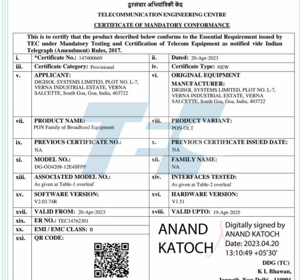 TEC Certificate - DG-GO4208-12E4SFPP
