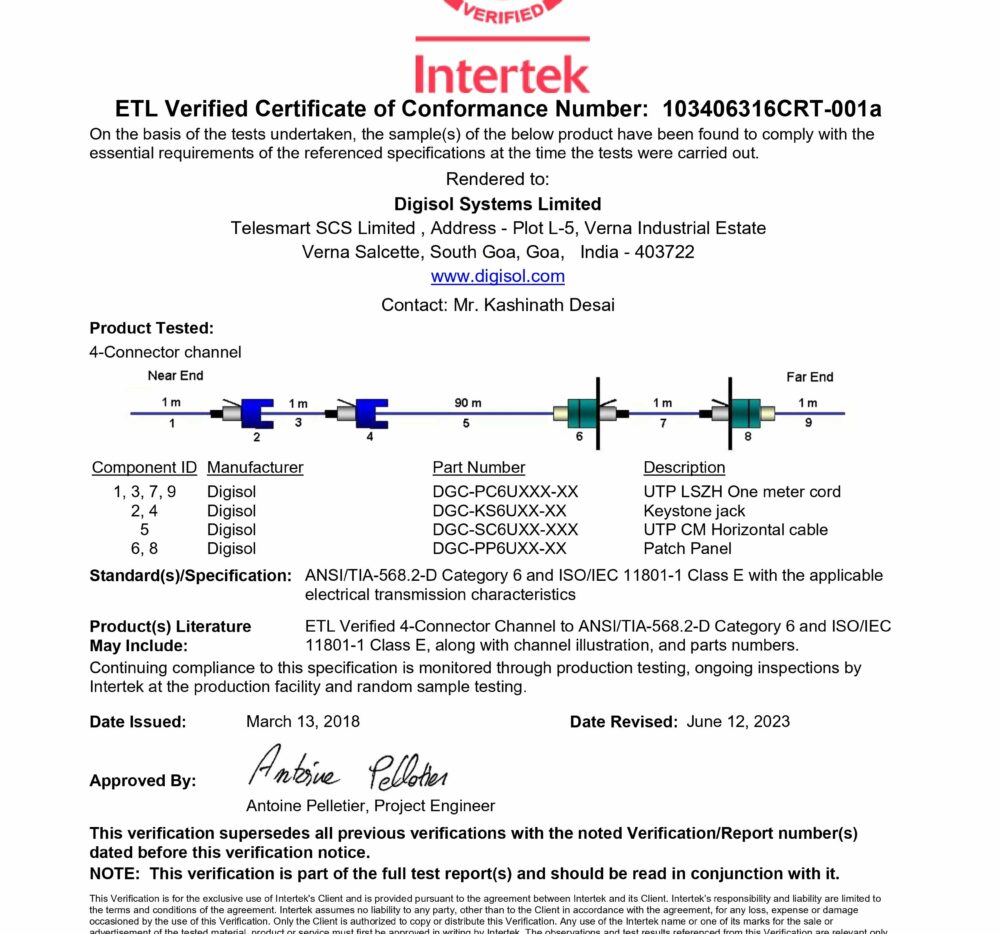 ETL Verified Certificate of Conformance Number 103406316CRT-001a