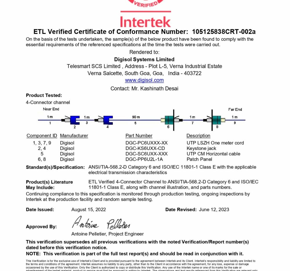 ETL Verified Certificate of Conformance Number 105125838CRT-002a