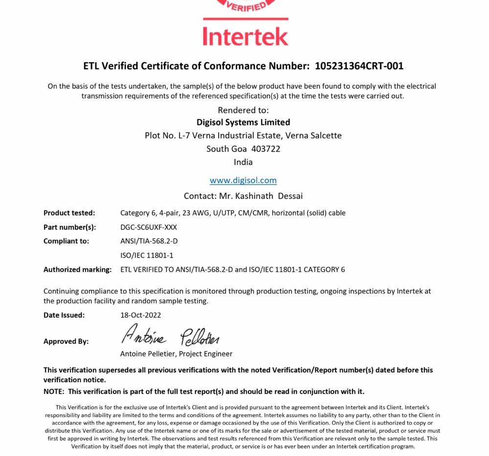 ETL Verified Certificate of Conformance Number 105231364CRT‐001