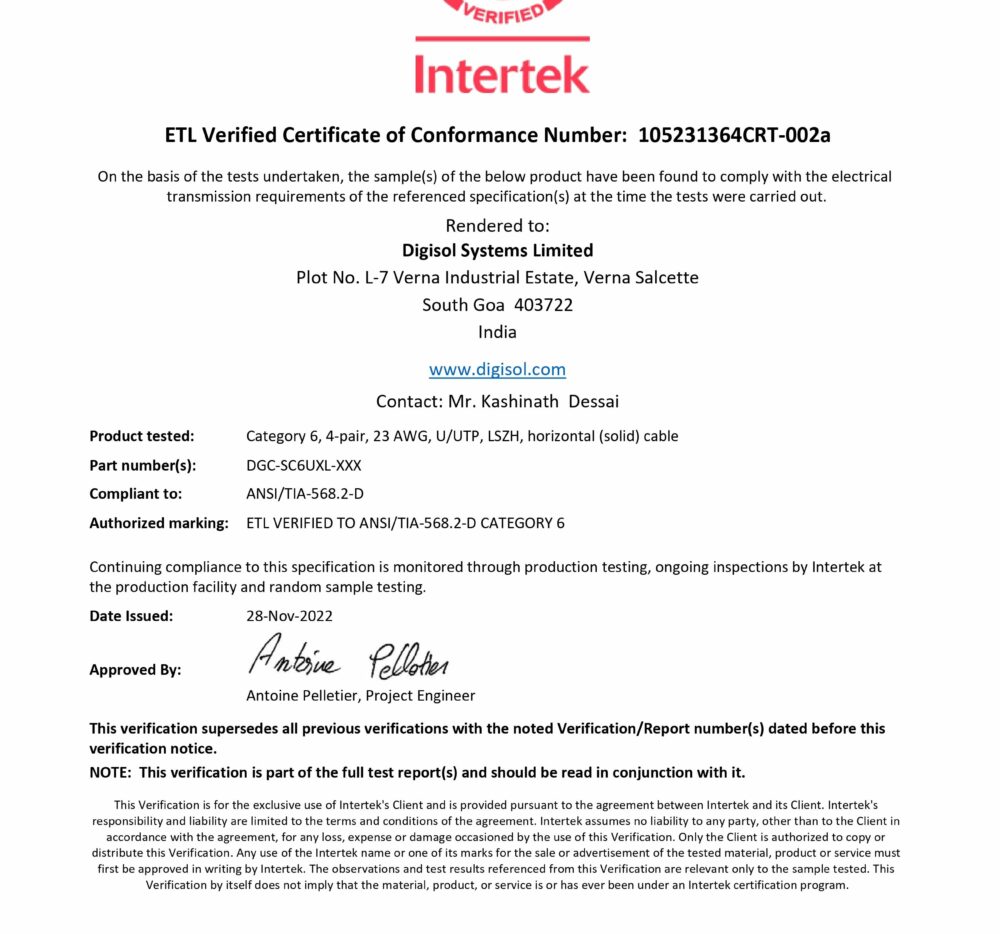 ETL Verified Certificate of Conformance Number 105231364CRT‐002a