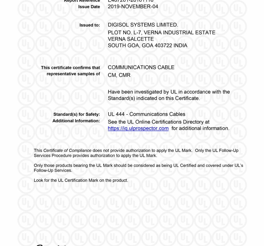 UL Certificate Of Compliance