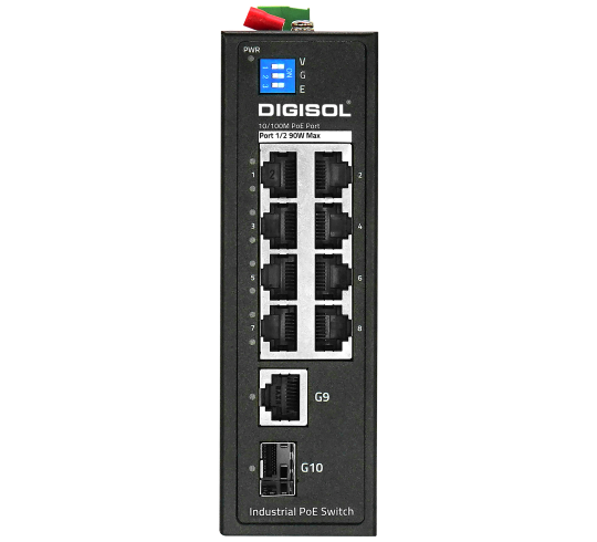 DIGISOL 10 Port Industrial Unmanaged Switch with 8*10/100M Base-T Port, 1*1000M RJ45 Ports, 1*1000M SFP Ports DG-IS1010FP